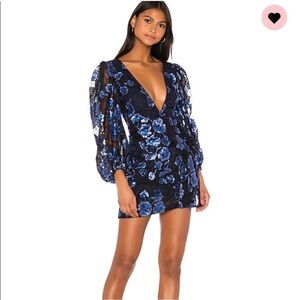 For Love & Lemons - Victoria Embroidered Mini Dress — Blue Sequin Mini Dress